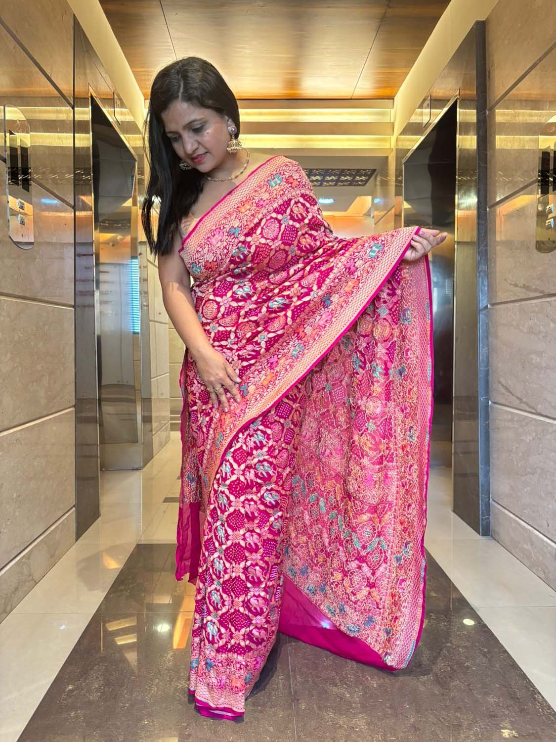 Stunning Pink Banarasi Bandhani Pure Georgette Meenakari Saree - Luxurion World