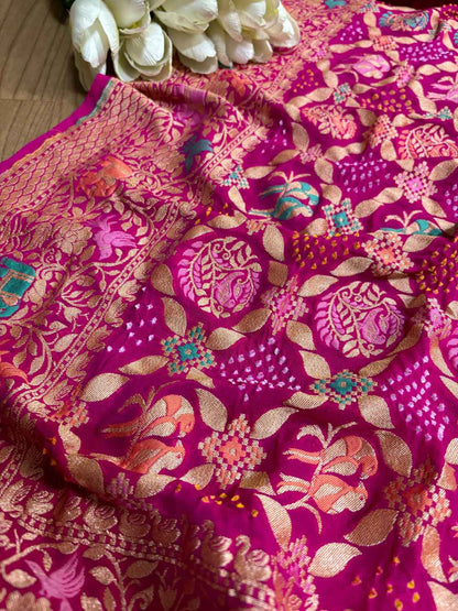 Stunning Pink Banarasi Bandhani Pure Georgette Meenakari Saree - Luxurion World