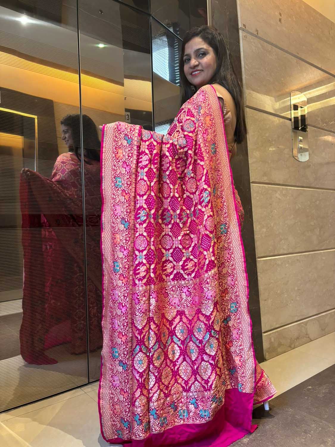 Stunning Pink Banarasi Bandhani Pure Georgette Meenakari Saree - Luxurion World