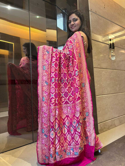 Stunning Pink Banarasi Bandhani Pure Georgette Meenakari Saree - Luxurion World