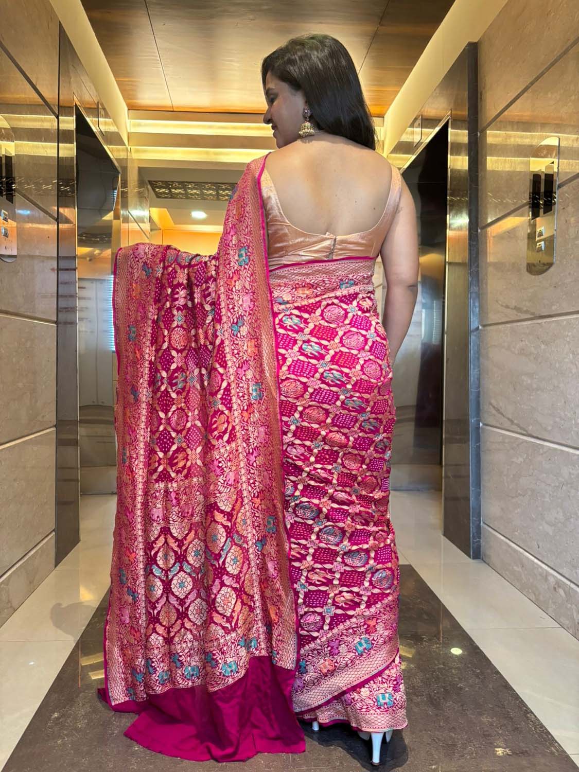 Stunning Pink Banarasi Bandhani Pure Georgette Meenakari Saree - Luxurion World