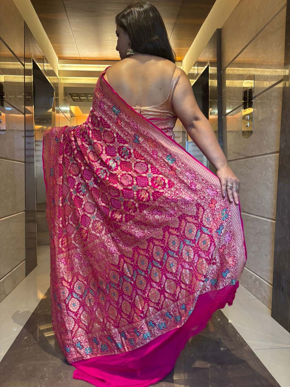 Stunning Pink Banarasi Bandhani Pure Georgette Meenakari Saree - Luxurion World