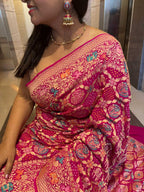 Stunning Pink Banarasi Bandhani Pure Georgette Meenakari Saree - Luxurion World