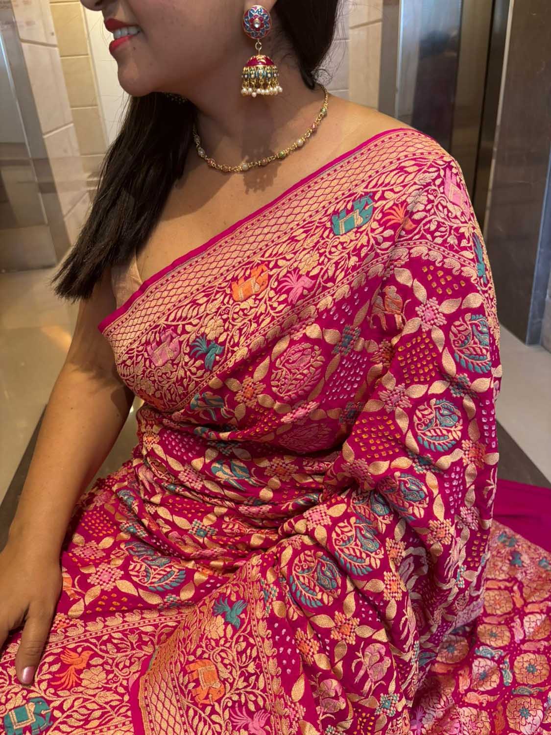 Stunning Pink Banarasi Bandhani Pure Georgette Meenakari Saree - Luxurion World