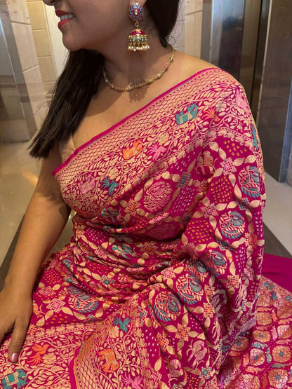 Stunning Pink Banarasi Bandhani Pure Georgette Meenakari Saree - Luxurion World