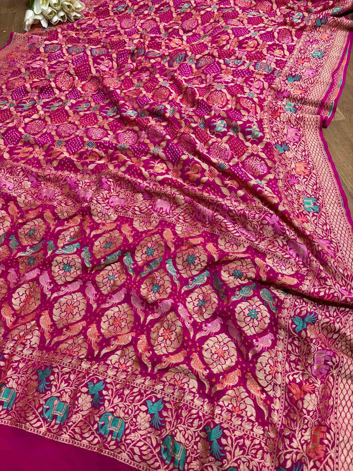 Stunning Pink Banarasi Bandhani Pure Georgette Meenakari Saree - Luxurion World