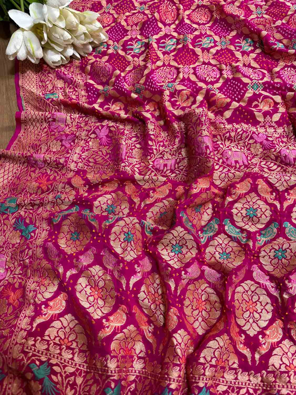 Stunning Pink Banarasi Bandhani Pure Georgette Meenakari Saree - Luxurion World