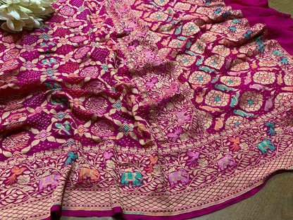 Stunning Pink Banarasi Bandhani Pure Georgette Meenakari Saree - Luxurion World