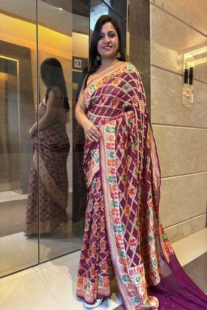 Exquisite Purple Banarasi Bandhani Pure Georgette Meenakari Saree - Luxurion World