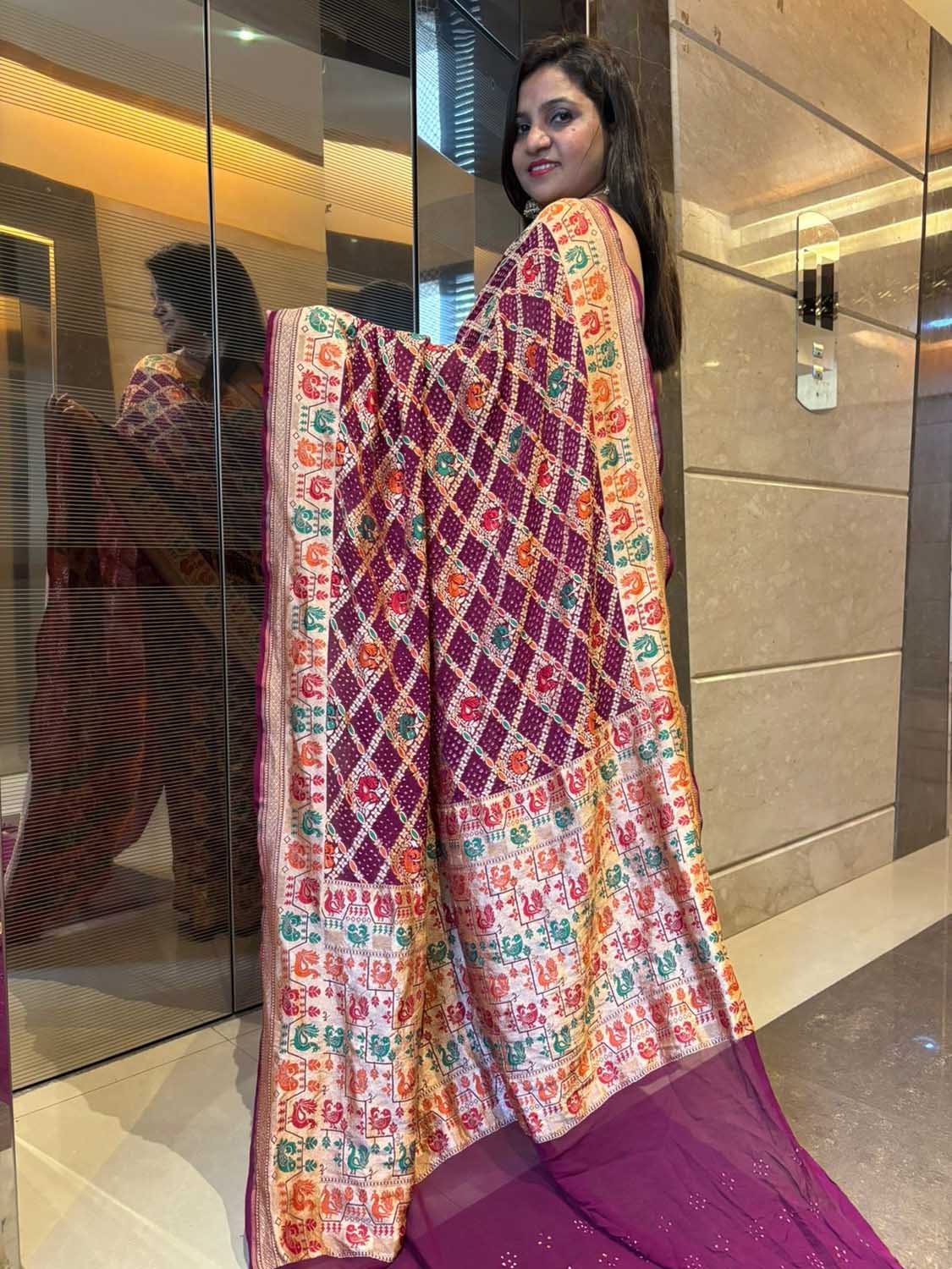 Exquisite Purple Banarasi Bandhani Pure Georgette Meenakari Saree - Luxurion World