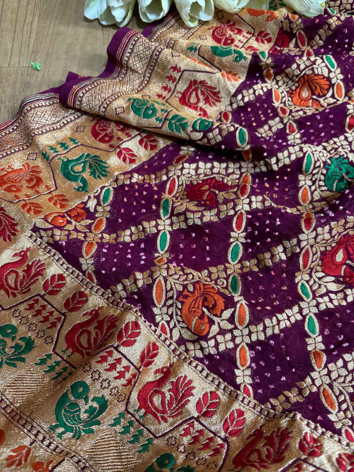 Exquisite Purple Banarasi Bandhani Pure Georgette Meenakari Saree - Luxurion World