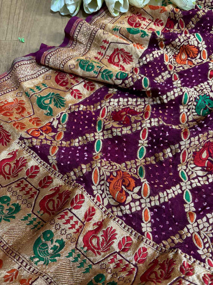 Exquisite Purple Banarasi Bandhani Pure Georgette Meenakari Saree - Luxurion World