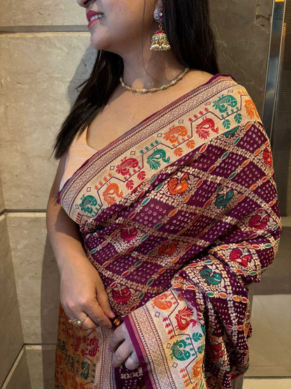 Exquisite Purple Banarasi Bandhani Pure Georgette Meenakari Saree - Luxurion World