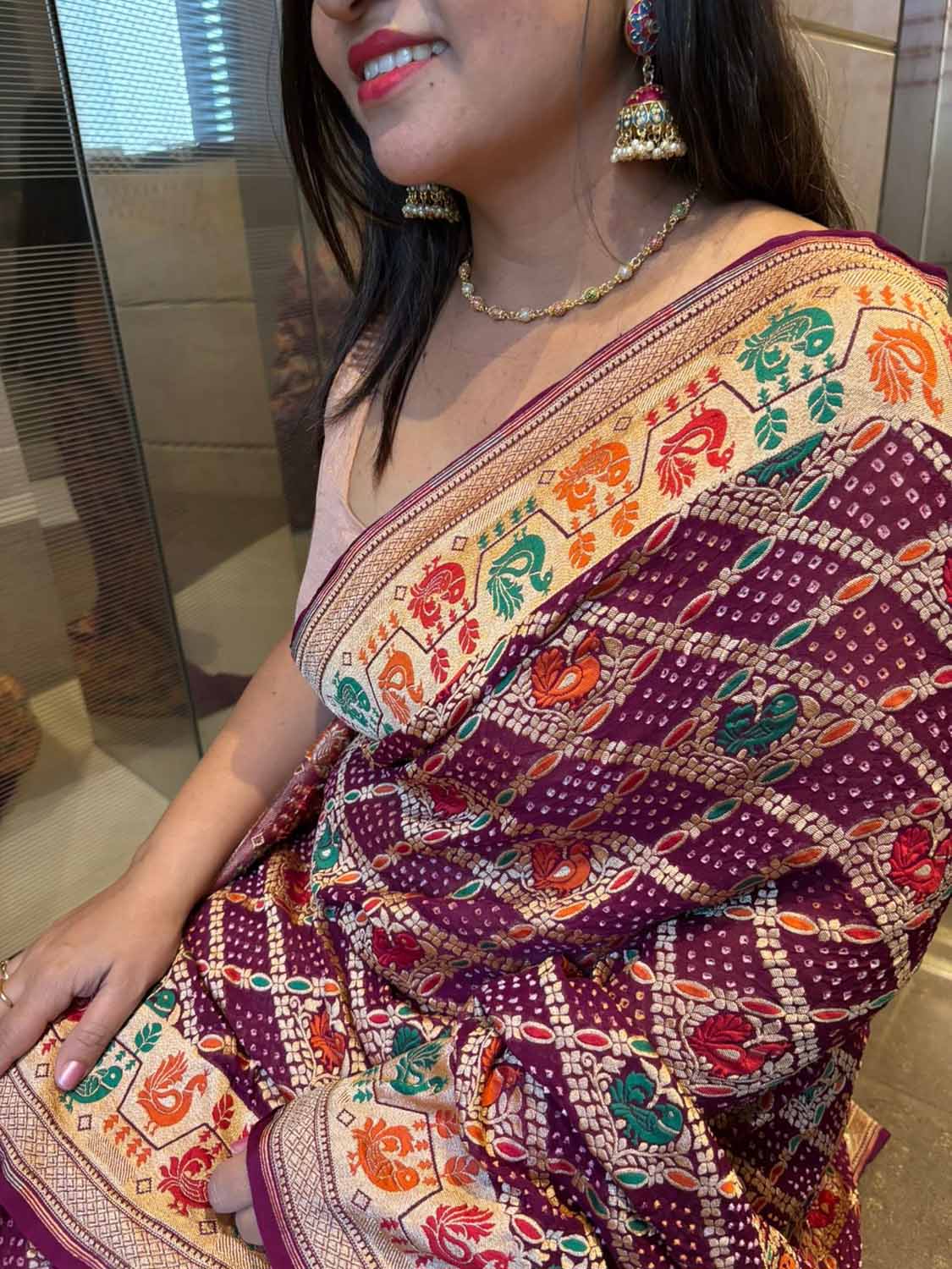 Exquisite Purple Banarasi Bandhani Pure Georgette Meenakari Saree - Luxurion World