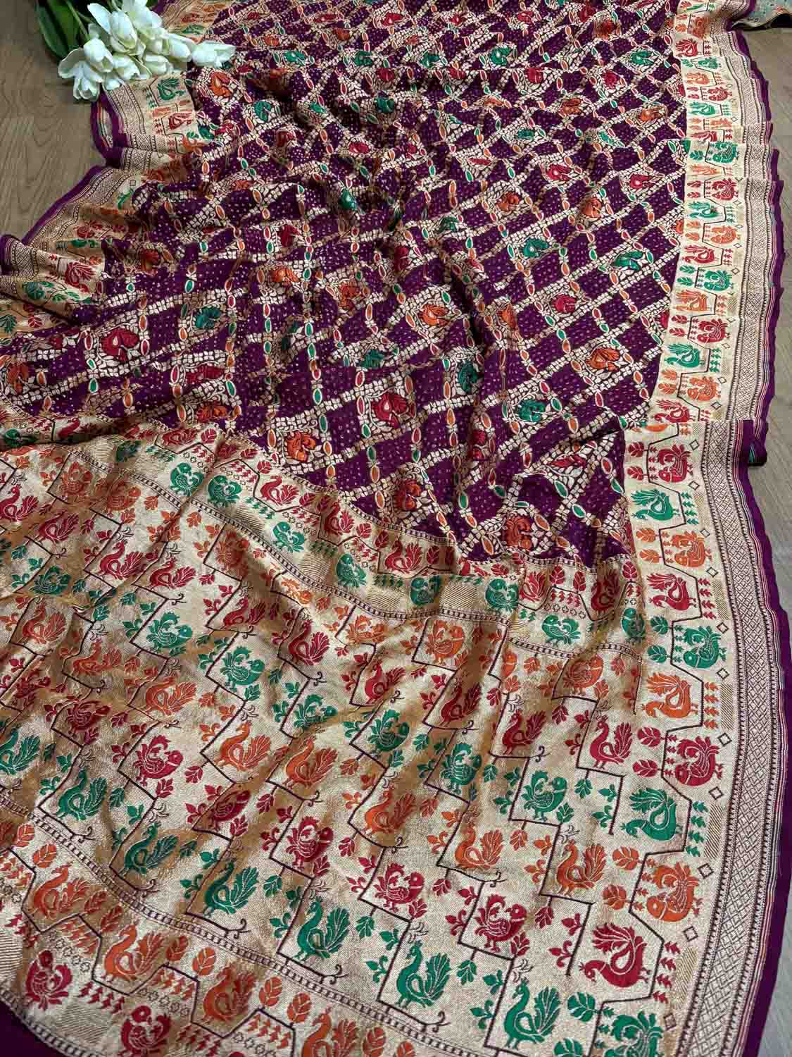 Exquisite Purple Banarasi Bandhani Pure Georgette Meenakari Saree - Luxurion World