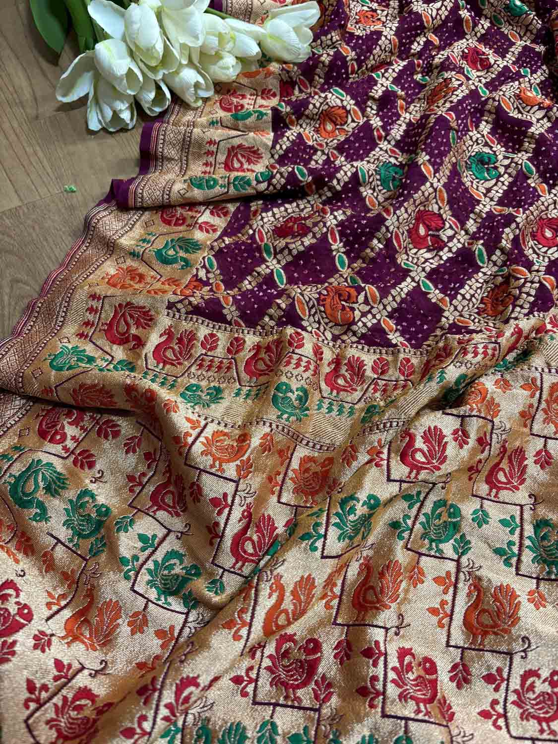 Exquisite Purple Banarasi Bandhani Pure Georgette Meenakari Saree - Luxurion World