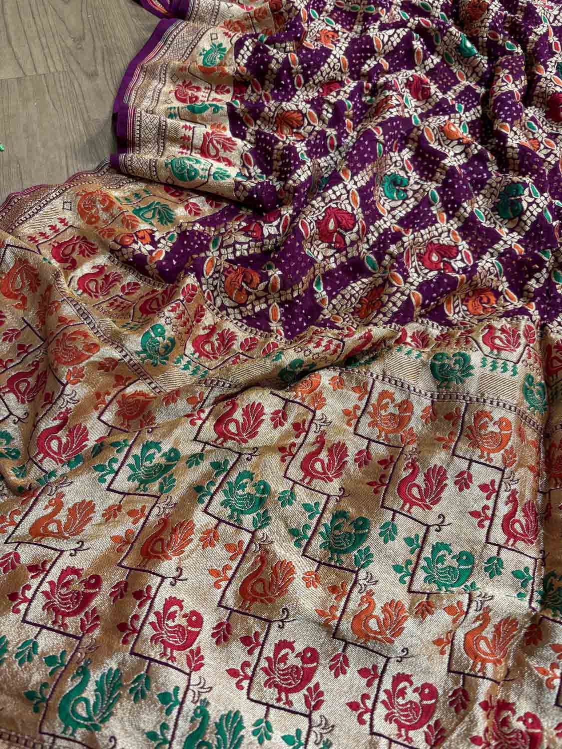 Exquisite Purple Banarasi Bandhani Pure Georgette Meenakari Saree - Luxurion World