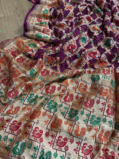 Exquisite Purple Banarasi Bandhani Pure Georgette Meenakari Saree - Luxurion World