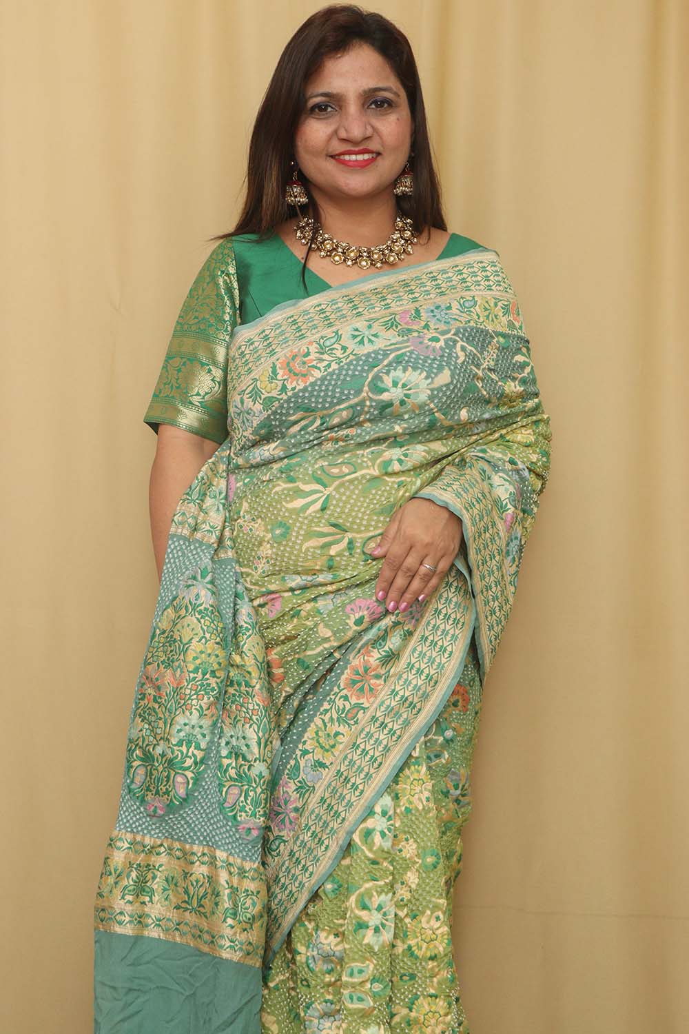 Stunning Green Banarasi Bandhani Pure Georgette Meenakari Saree - Luxurion World