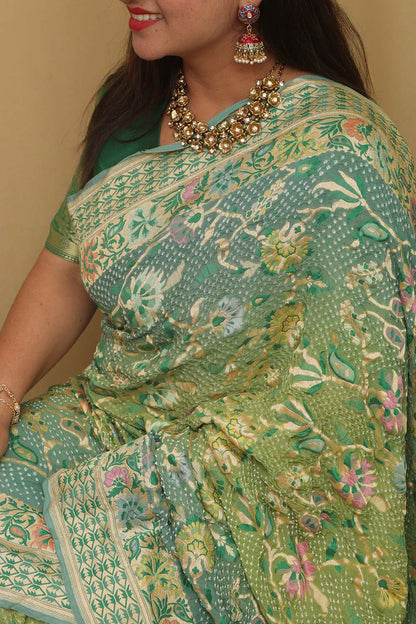 Stunning Green Banarasi Bandhani Pure Georgette Meenakari Saree - Luxurion World