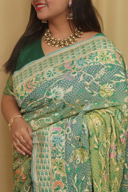 Stunning Green Banarasi Bandhani Pure Georgette Meenakari Saree - Luxurion World