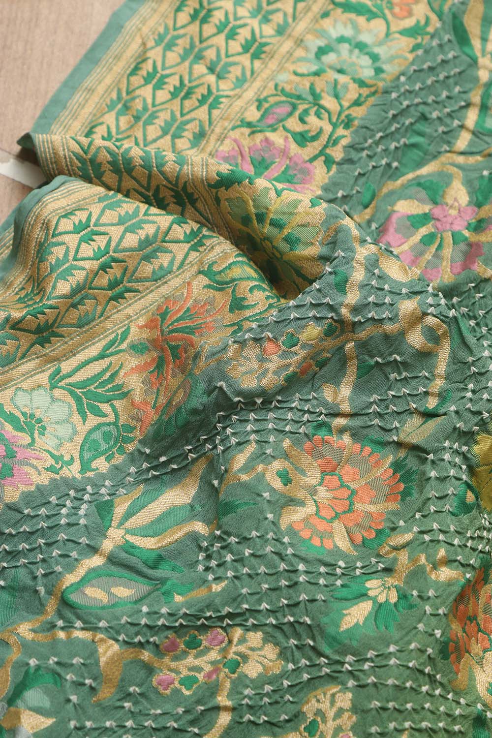 Stunning Green Banarasi Bandhani Pure Georgette Meenakari Saree - Luxurion World