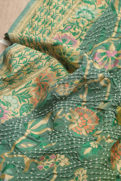 Stunning Green Banarasi Bandhani Pure Georgette Meenakari Saree - Luxurion World