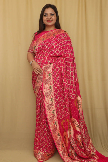 Stunning Pink Banarasi Bandhani Pure Georgette Meenakari Saree - Luxurion World