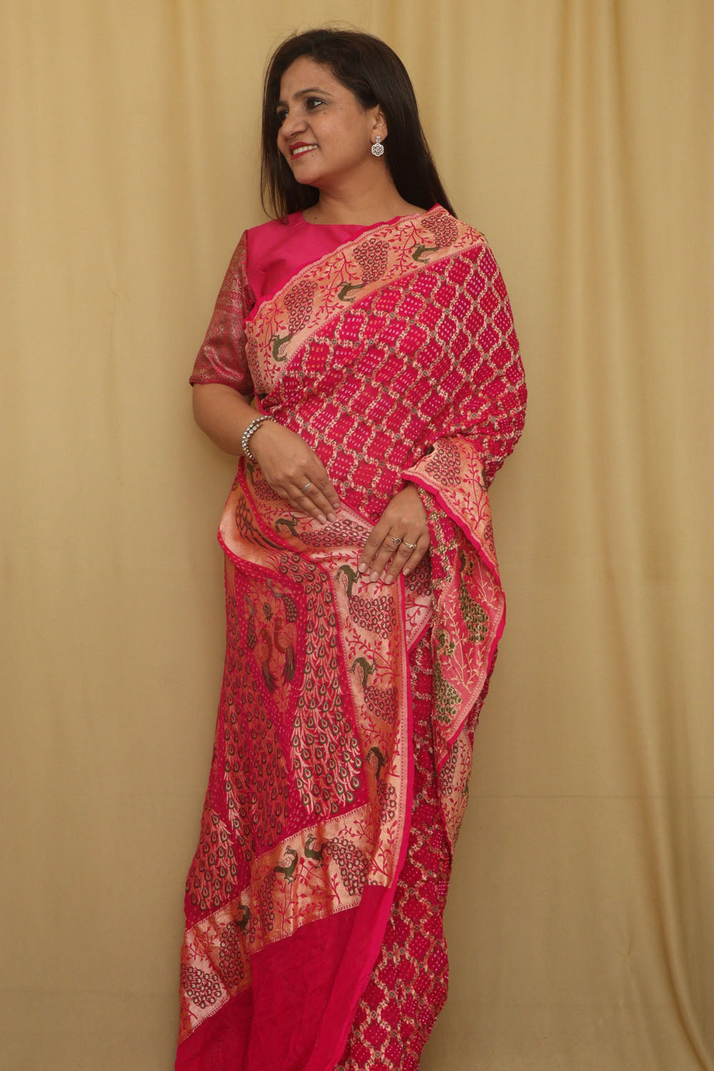 Stunning Pink Banarasi Bandhani Pure Georgette Meenakari Saree - Luxurion World