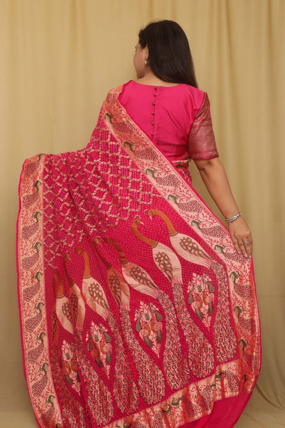 Stunning Pink Banarasi Bandhani Pure Georgette Meenakari Saree - Luxurion World