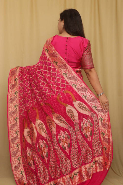 Stunning Pink Banarasi Bandhani Pure Georgette Meenakari Saree - Luxurion World