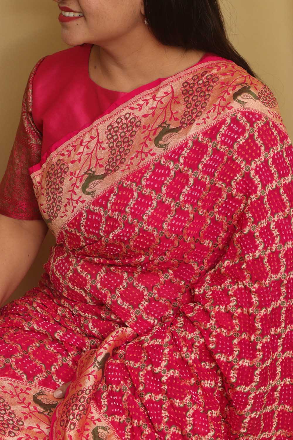 Stunning Pink Banarasi Bandhani Pure Georgette Meenakari Saree - Luxurion World