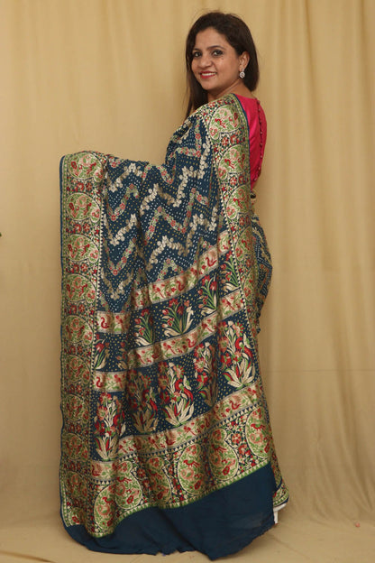 Stunning Blue Banarasi Bandhani Pure Georgette Meenakari Saree - Luxurion World