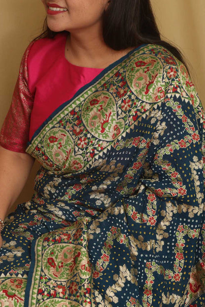 Stunning Blue Banarasi Bandhani Pure Georgette Meenakari Saree - Luxurion World