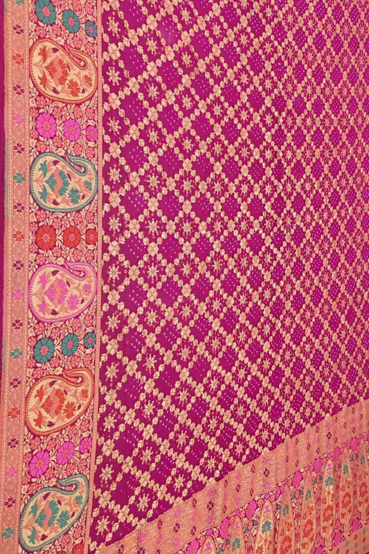 Pink Banarasi Bandhani Meenakari Pure Georgette Saree - Luxurion World