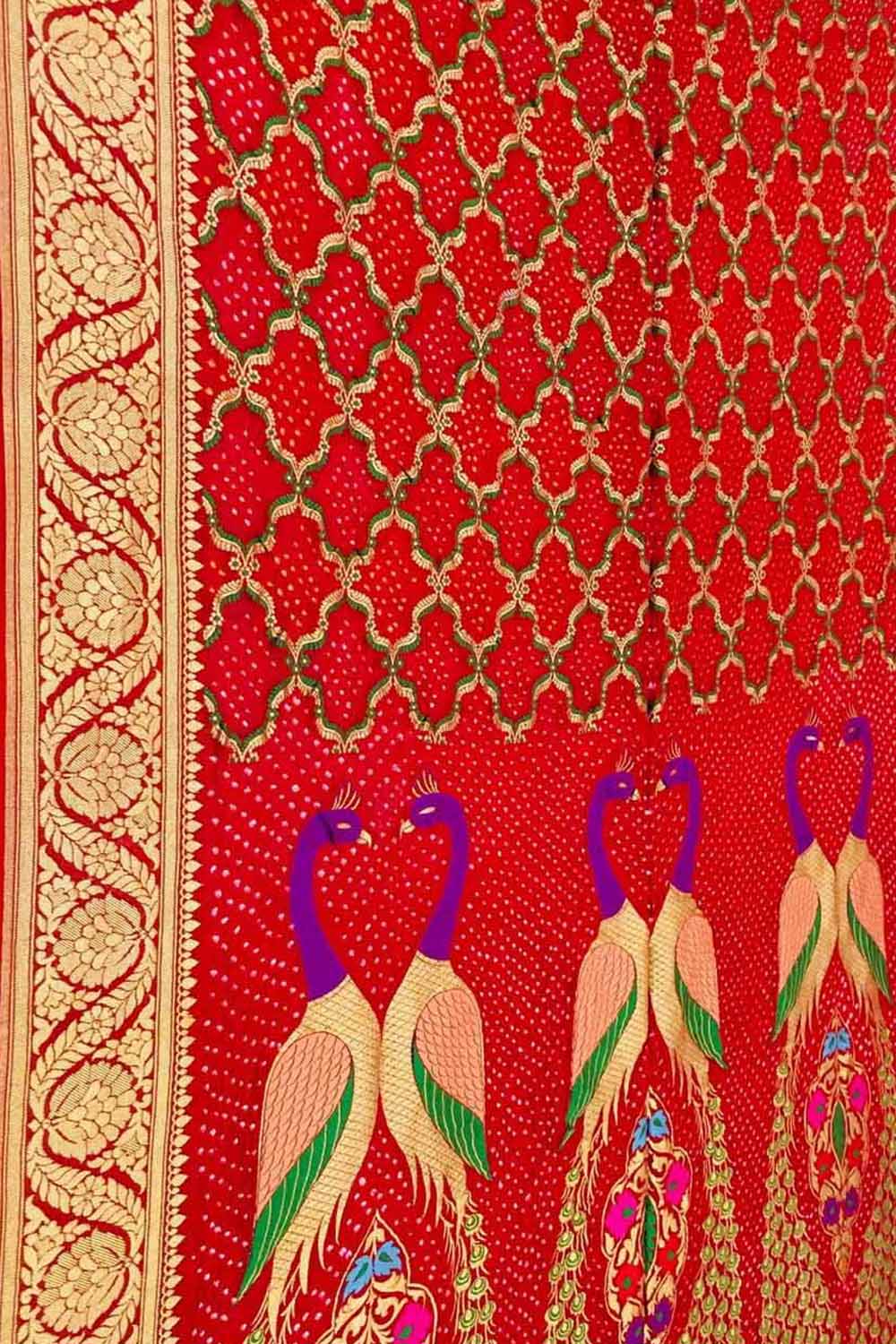 Red Banarasi Bandhani Meenakari Pure Georgette Saree - Luxurion World