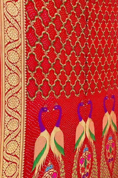 Red Banarasi Bandhani Meenakari Pure Georgette Saree - Luxurion World