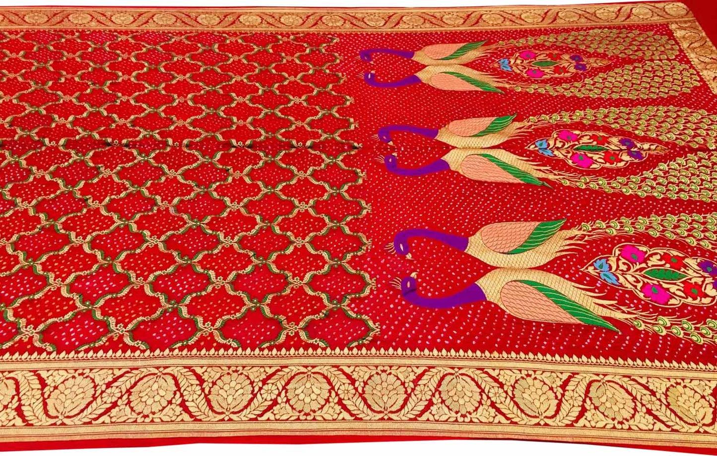 Red Banarasi Bandhani Meenakari Pure Georgette Saree - Luxurion World
