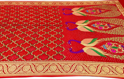 Red Banarasi Bandhani Meenakari Pure Georgette Saree - Luxurion World