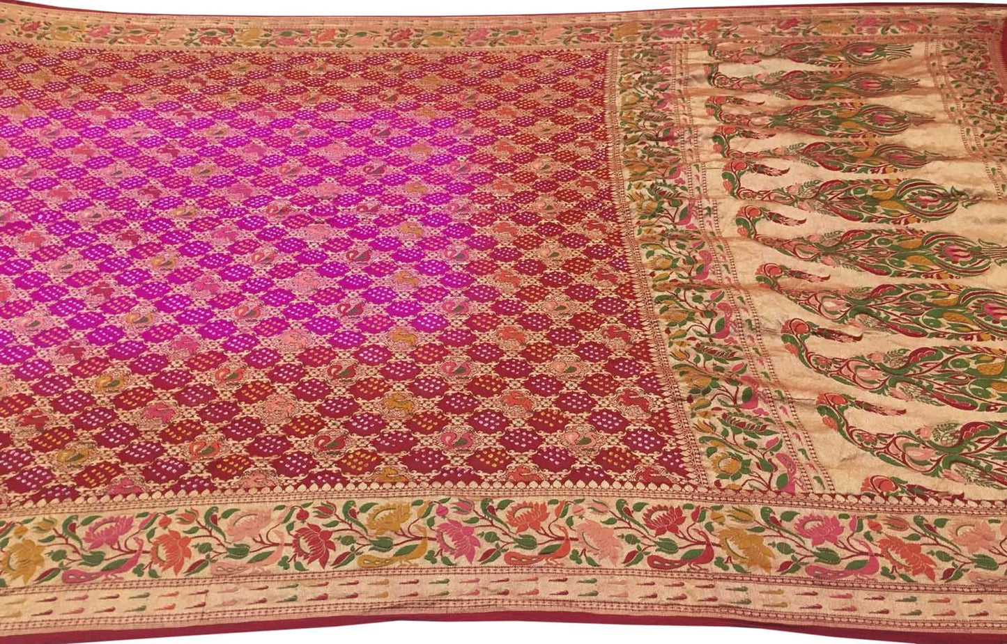 Pink And Red Banarasi Bandhani Meenakari Pure Georgette Saree - Luxurion World