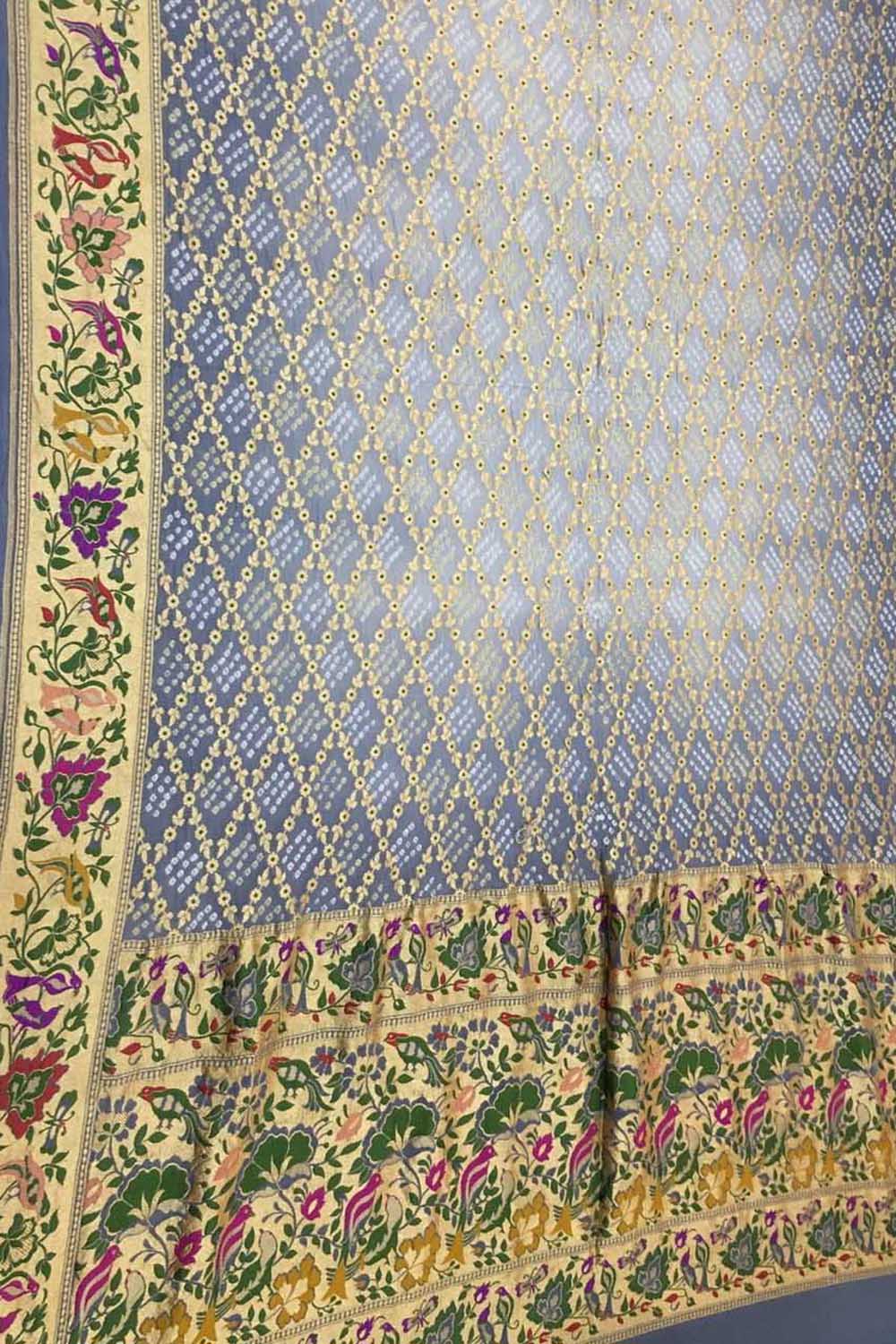 Grey Banarasi Bandhani Meenakari Pure Georgette Saree - Luxurion World