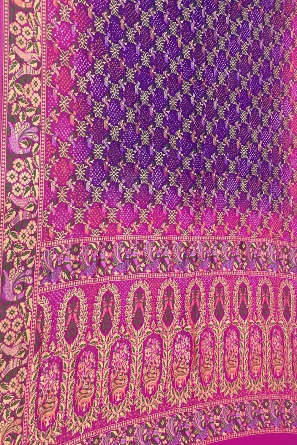 Purple And Pink Banarasi Bandhani Meenakari Pure Georgette Saree - Luxurion World