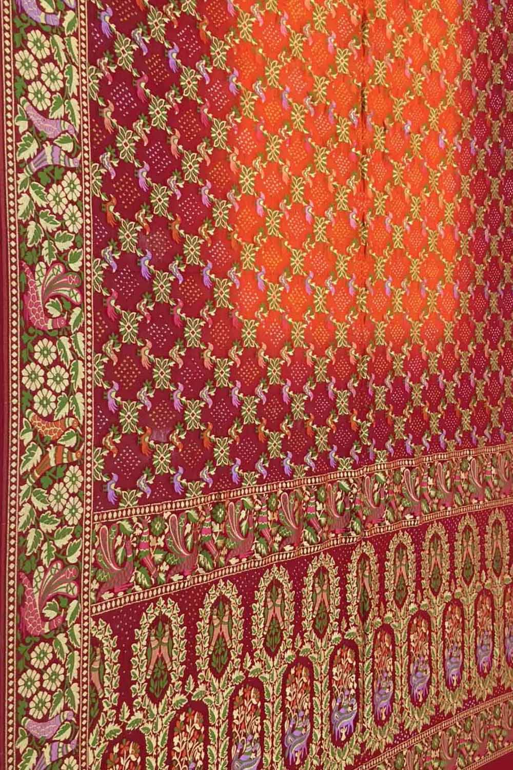 Orange & Red Pure Georgette Banarasi Bandhani Meenakari Saree - Luxurion World