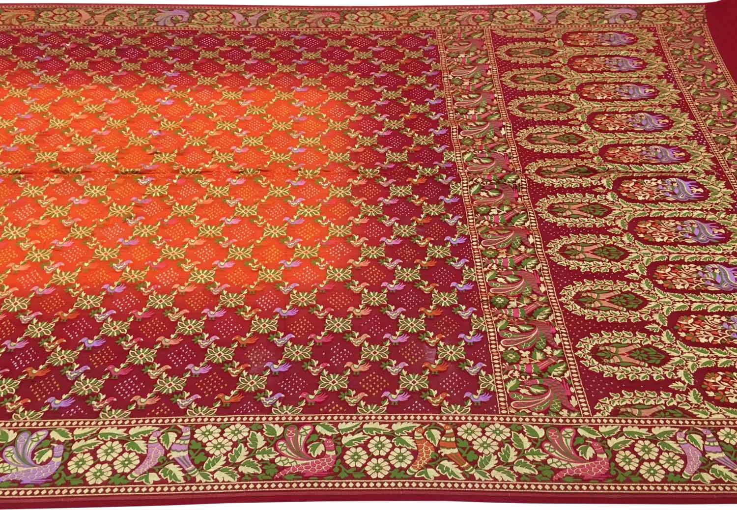 Orange & Red Pure Georgette Banarasi Bandhani Meenakari Saree - Luxurion World