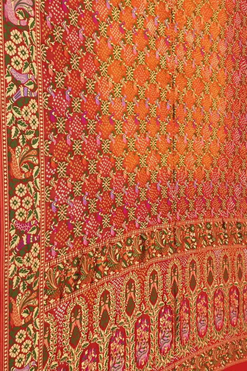 Orange & Red Pure Georgette Banarasi Bandhani Meenakari Saree - Luxurion World