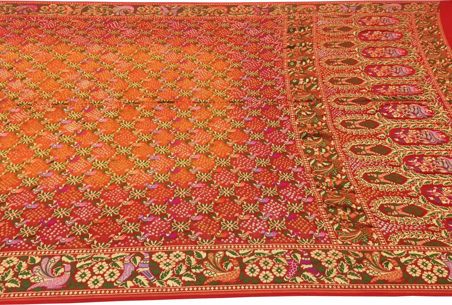 Orange & Red Pure Georgette Banarasi Bandhani Meenakari Saree - Luxurion World