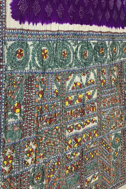 Elegant Purple Pure Tussar Silk Bandhani Saree With Hand Painted Madhubani Border Pallu - Luxurion World