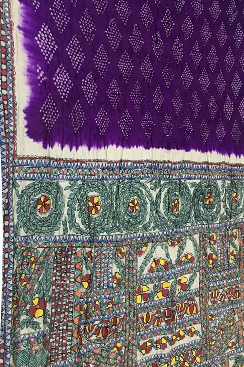 Elegant Purple Pure Tussar Silk Bandhani Saree With Hand Painted Madhubani Border Pallu - Luxurion World