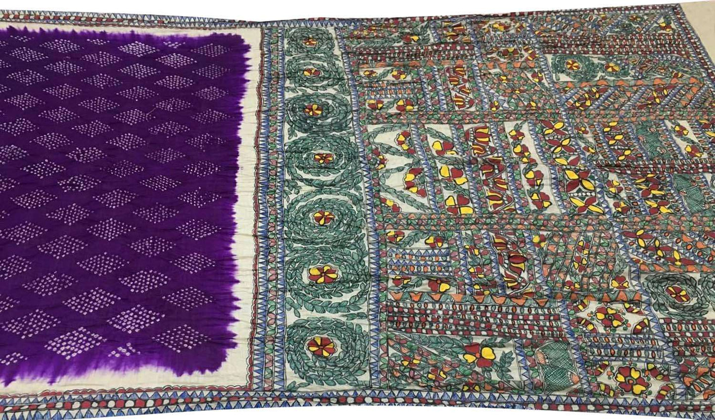 Elegant Purple Pure Tussar Silk Bandhani Saree With Hand Painted Madhubani Border Pallu - Luxurion World