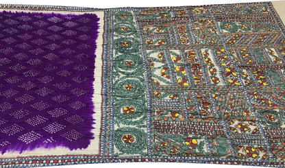 Elegant Purple Pure Tussar Silk Bandhani Saree With Hand Painted Madhubani Border Pallu - Luxurion World